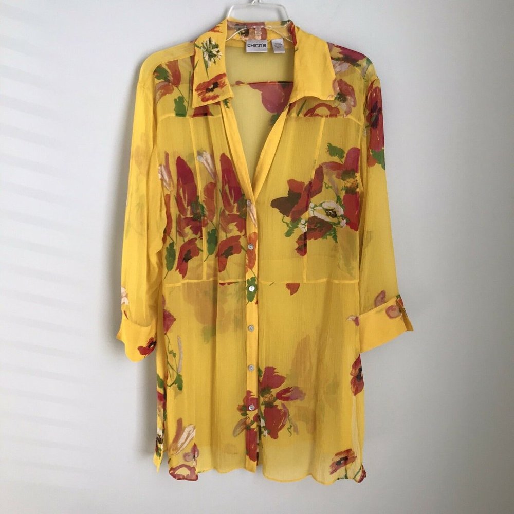 Chico's 2 Yellow Floral Sheer Silk Tunic
